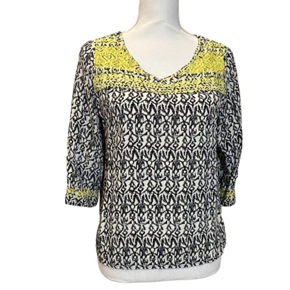 THML Embroidered Blouse Black and White with Neon Yellow Detail Size Medium